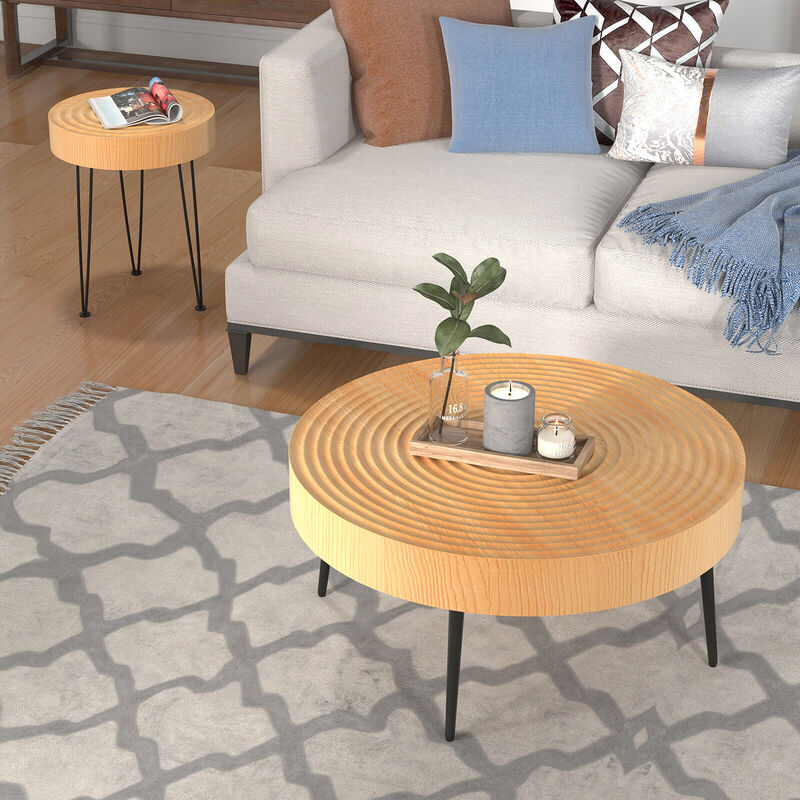 Set of 2 Wooden Coffee Table with Metal Legs and Adjustable Foot Pads