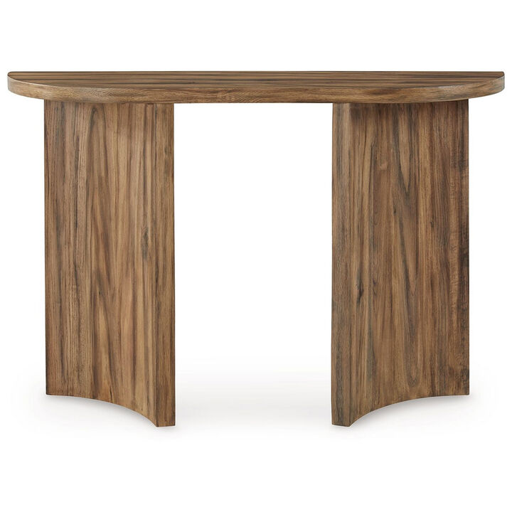 Anny Sofa Console Table, Curved Plinth Base, 52 Inch Brown Oak Wood - Benzara