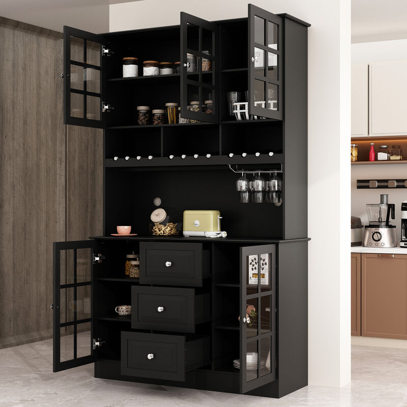 Kitchen Pantry Buffet Bar Cabinet with Glass Door, Kitchen Hutch Cabinet with Drawers, Glass Holder and Wine Rack