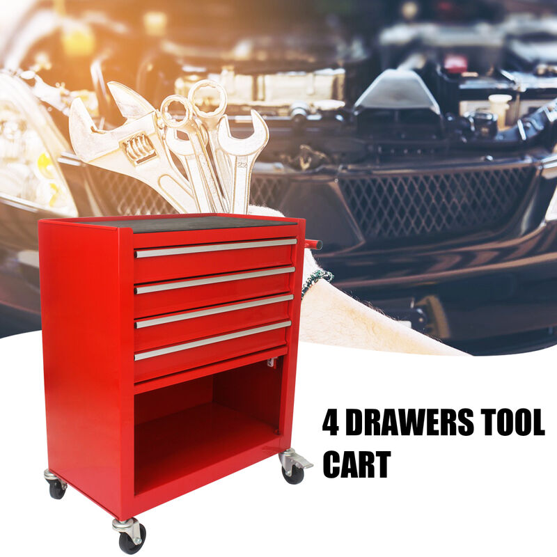 4 Drawers Multifunctional Red Tool Cart With Wheels