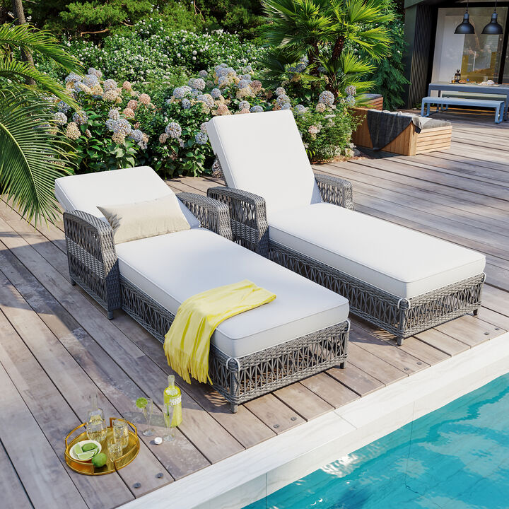 Whisen 2 Pieces Outdoor Wicker Long Reclining Chaise with Armrests, Patio Adjustable Recliner with Soft Removable Cushions