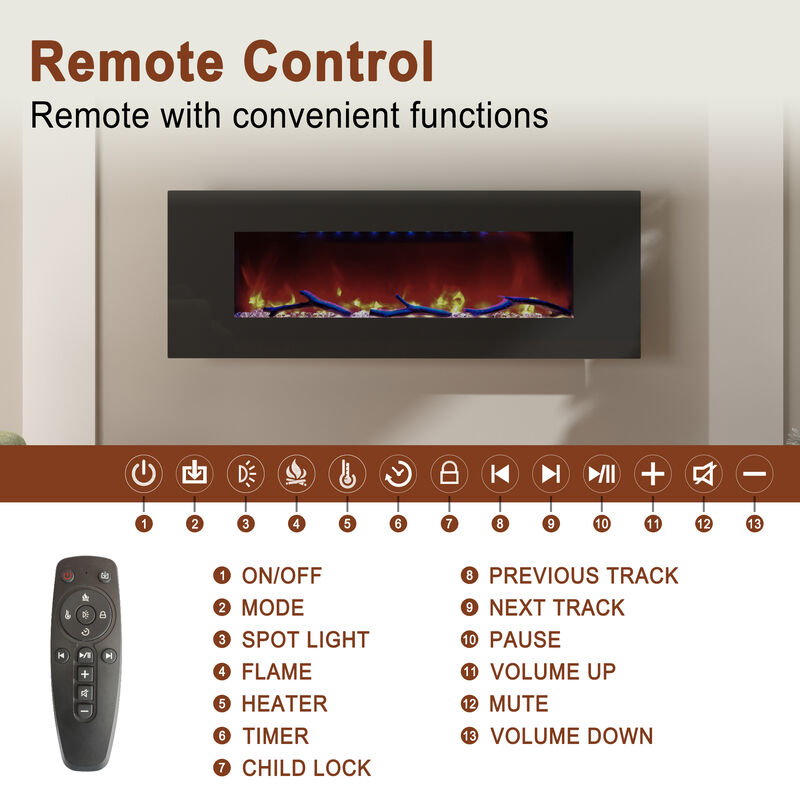 MONDAWE 50" Wall-Mounted Electric Fireplace 5120 BTU Heater with Bluetooth Speaker & Remote Control Adjustable Flame Color & Temperature Setting