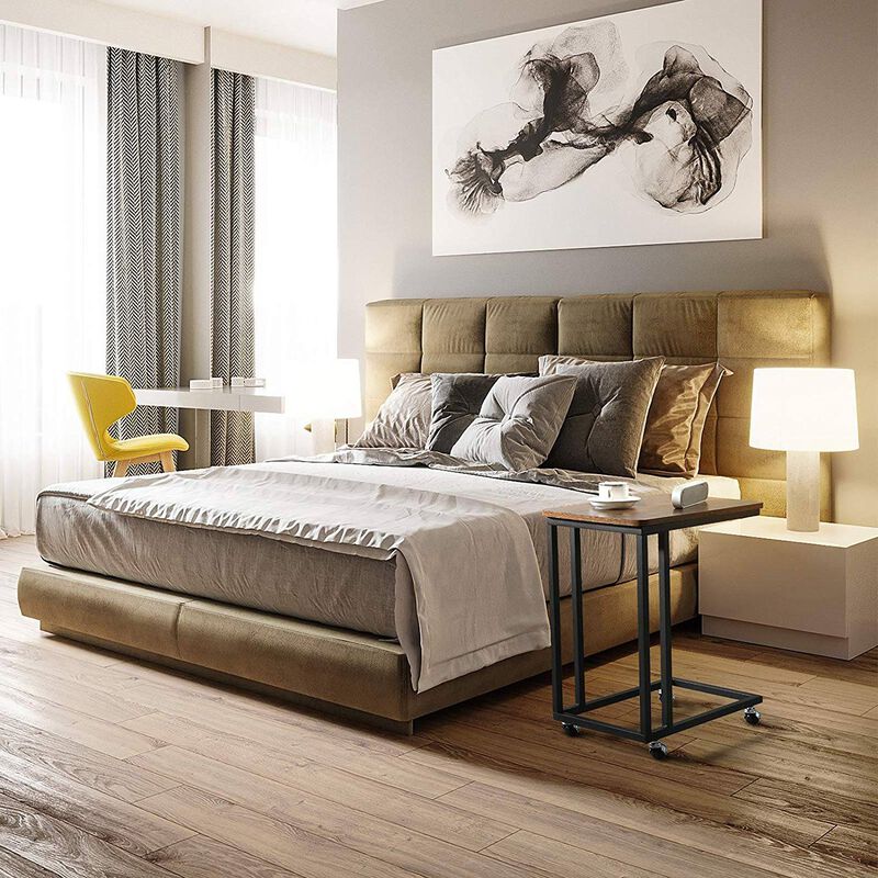 Hivvago Modern Industrial Side Table Nightstand TV Tray on Wheels