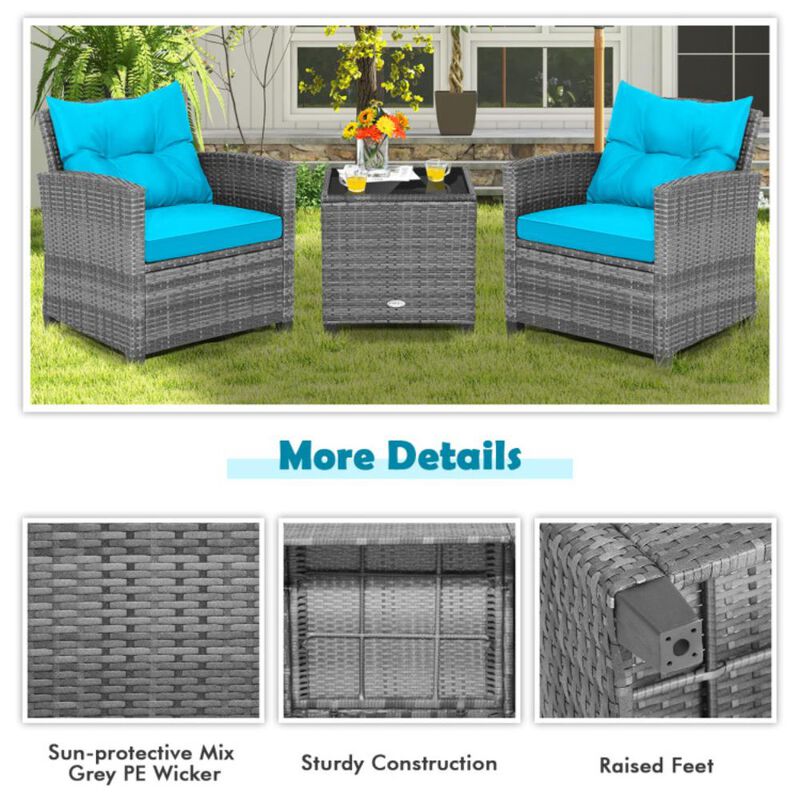 Hivvago 3 Pieces Outdoor Wicker Conversation Set with Tempered Glass Tabletop