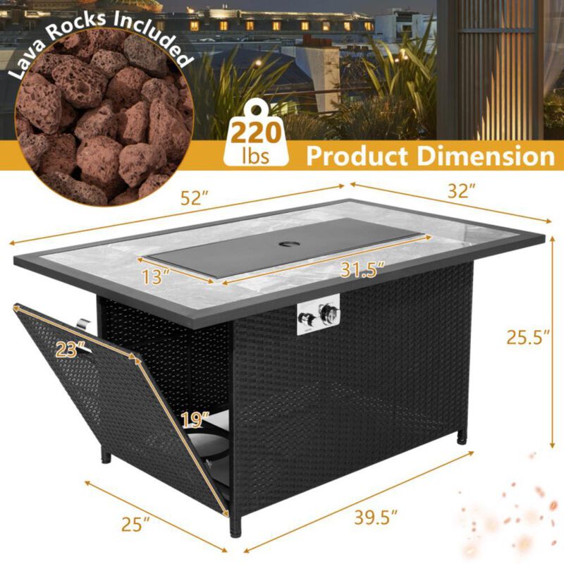 Hivvago 52 Inch Rattan Wicker Propane Fire Pit Table with Rain Cover and Lava Rock-Black