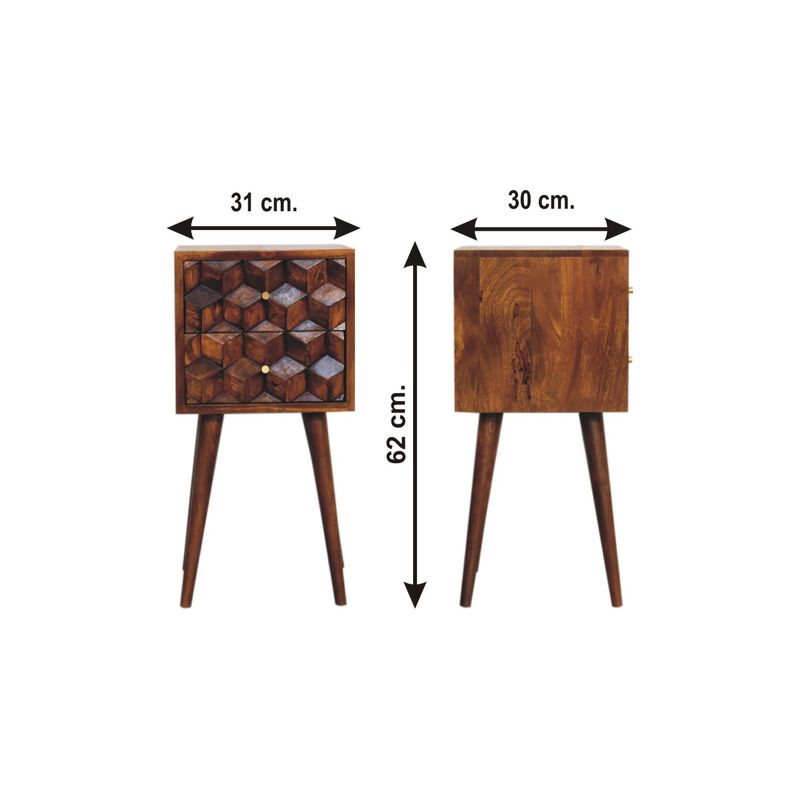 Mini Chestnut Cube Carved 2 Drawer Solid Wood Nightstand