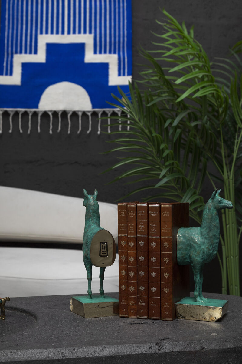 CENTRO Sheep Wool Handwoven Tapestry, Aged Bronze Wall Mount, Lapis Blue & Ivory
