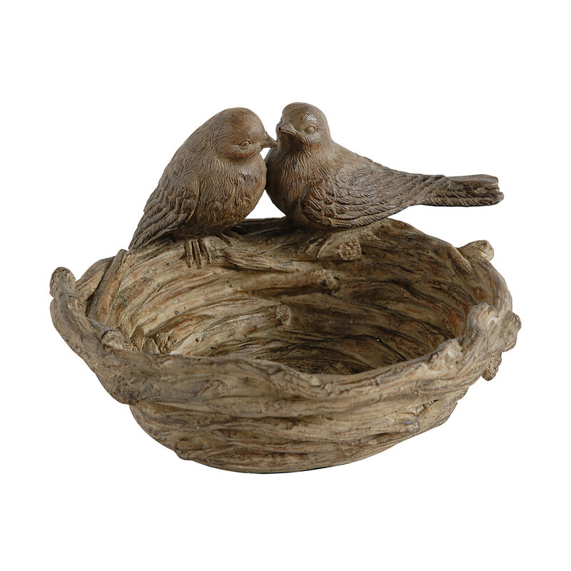 9 Inch Handcrafted Accent Table Bowl, Resin, Lovebirds Nest, Natural Brown - Benzara