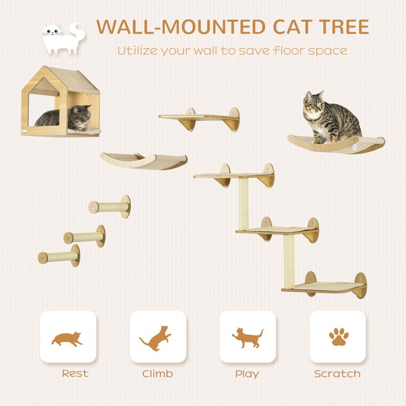 Oak Cat Playground: 8-Piece Wall-Mounted Climbing Set with Condo & Hammock