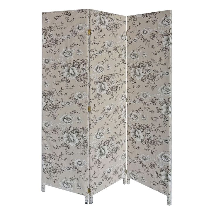 71 Inch 3 Panel Fabric Room Divider with Floral Print, Gray-Benzara