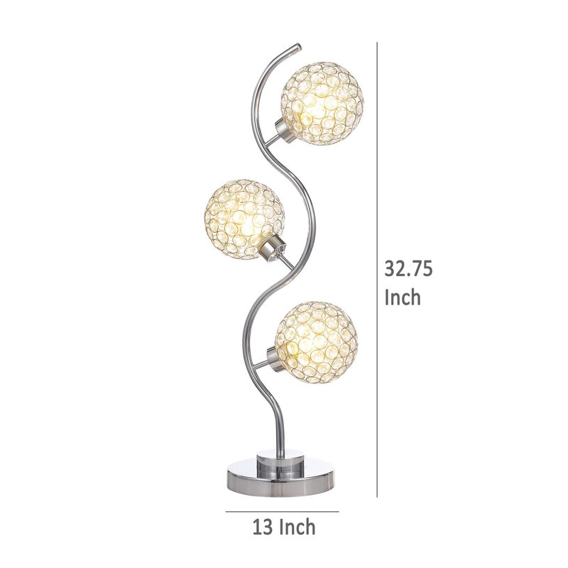 Berly Table Lamp with Crystal Balls and Touch Button, Silver Metal - Benzara