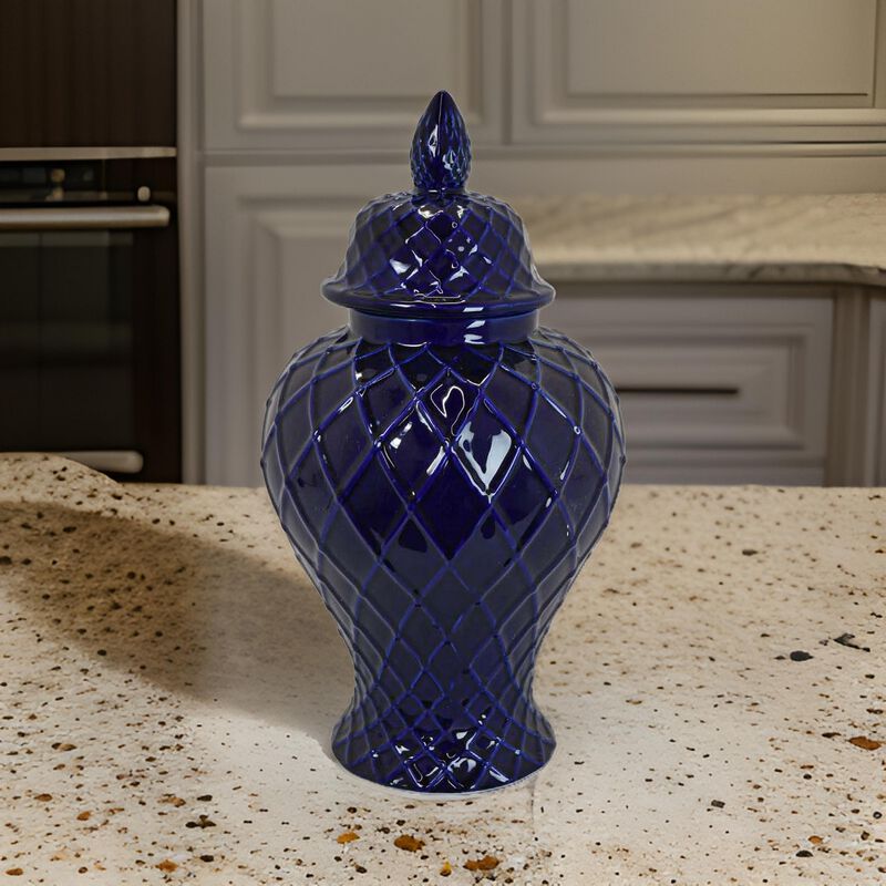 Livie 20 Inch Temple Ginger Jar, Geometric Design, Dome Lid, Ceramic, Blue - Benzara
