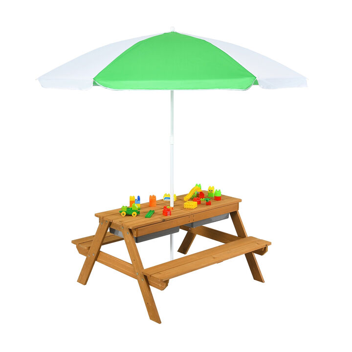 3-in-1 Kids Outdoor Picnic Water Sand Table with Umbrella Play Boxes