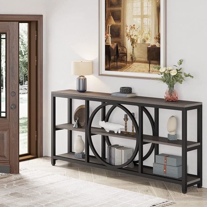 Extra Long Console Table, 70.9 inch Narrow Sofa Tables with 3 Tier Wood Storage Shelves Industrial Metal Frame for Entryway Hallway Living Room Behind Couch