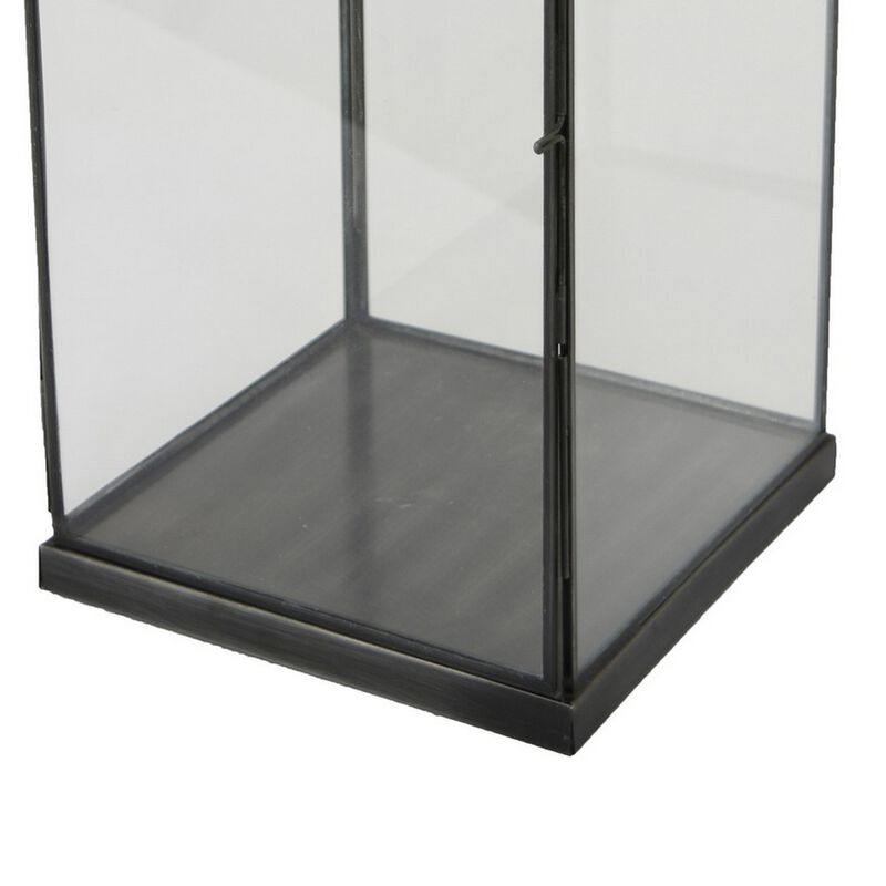Laila Lantern, Black Metal, Glass Panels, Square Base, 18 Inch Tall - Benzara