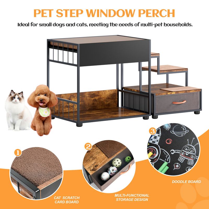 Dog Window Perch with Steps, Non-Slip Pad, Storage Drawer, and Sponge Cushion, Pet Bunk Bed, Black + Vintage