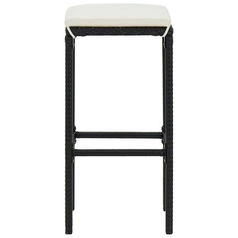 Outdoor Barstool Set of 4, Cream White Cushion, Black Poly Rattan - Benzara