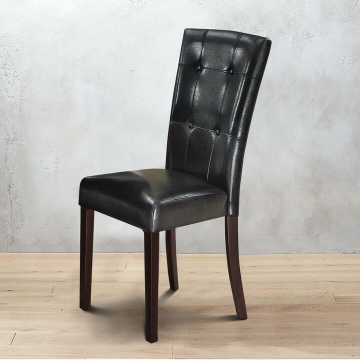 Dining Side Chair Set of 2, Button Tufted Black Faux Leather Upholstery - Benzara