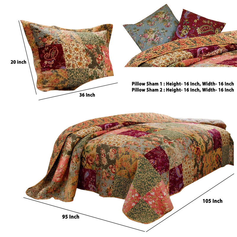 Kamet 5 Piece Fabric King Size Quilt Set with Floral Prints, Multicolor - Benzara