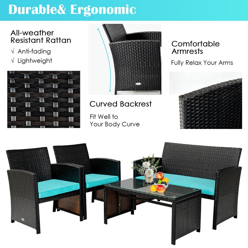 4Pcs Patio Rattan Cushioned Furniture Set