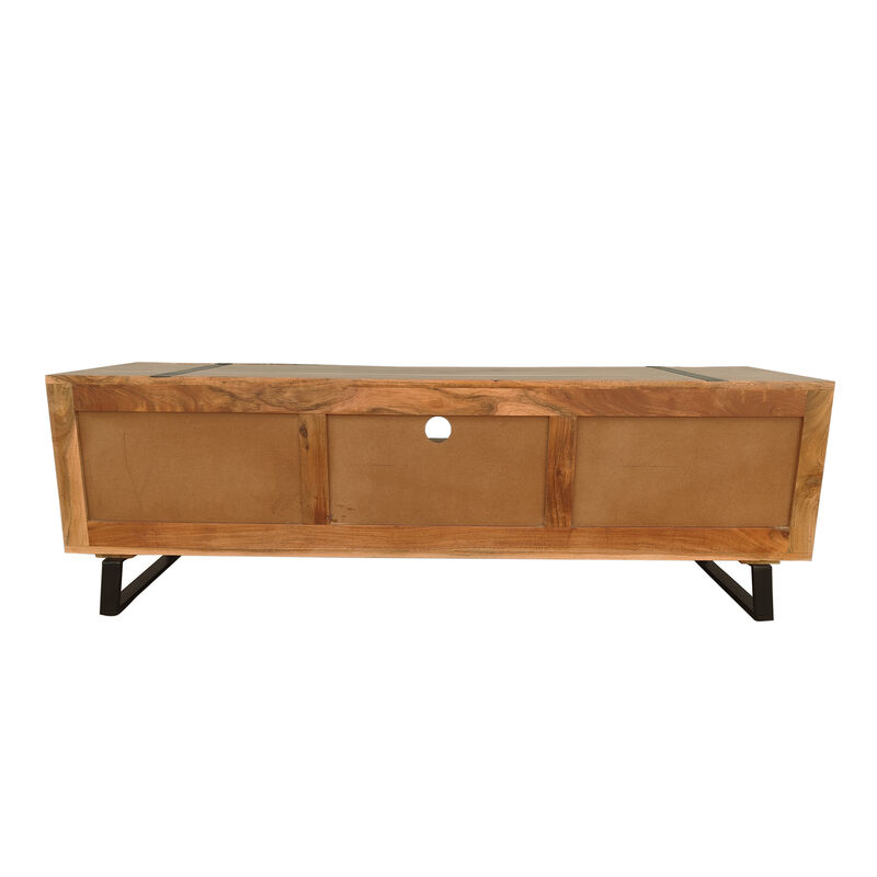 Aza 59 Inch Handcrafted TV Console with Drawer Natural Brown Acacia Wood Cabinet - Benzara