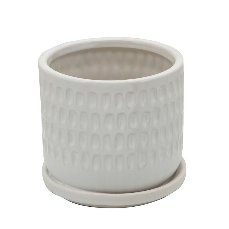 Ceramic Planter with Saucer and Hammered Design, Set of 2, White-Benzara