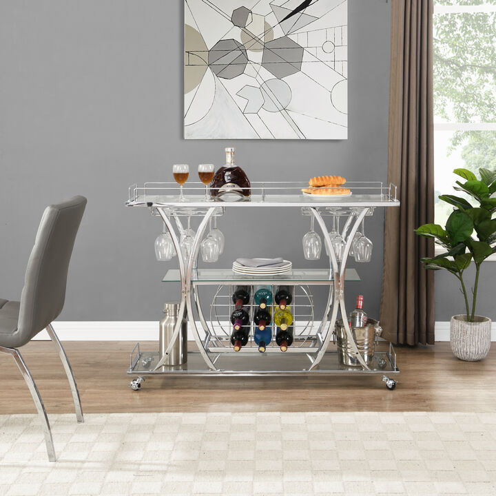 Contemporary Chrome Bar Cart With Wine Rack Silver Modern Glass Metal Frame Wine Storage
