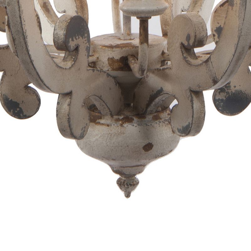 Aki 21 Inch 6 Light Chandelier, Carved Wood Frame, Classic, Vintage, White-Benzara