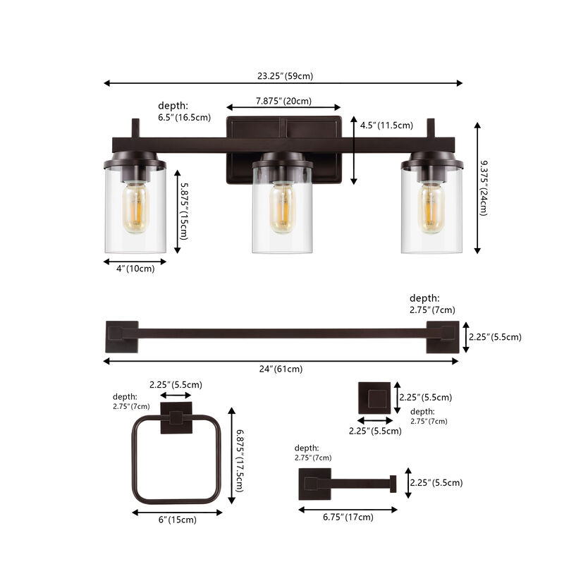 Liam 23.25" 3-Light Farmhouse Industrial Vanity Light with Bathroom Hardware Accessory 5-Piece Set
