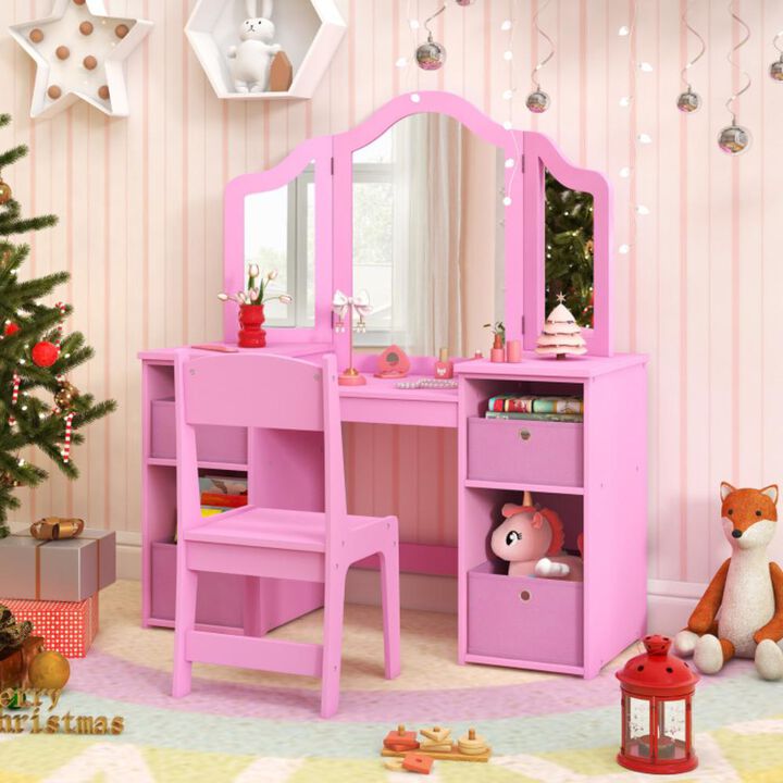 Hivvago Kids Vanity Table and Chair Set with Removable Mirrors and 4 Storage Bins