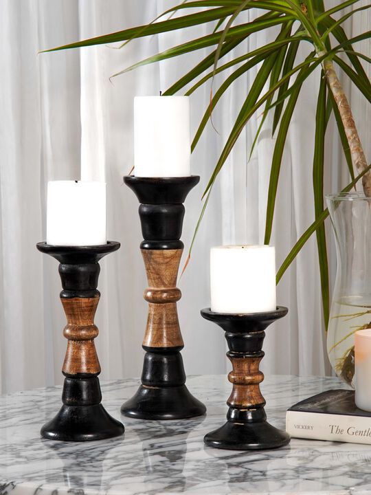 Traditional Dark Polish Eco-friendly Handmade Mango Wood Set Of Three 6",9" & 12" Pillar Candle Holder
