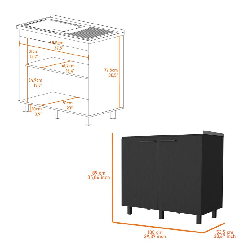 Alexandria 2 Piece Kitchen Set, Wall Cabinet + Utility Sink, Black