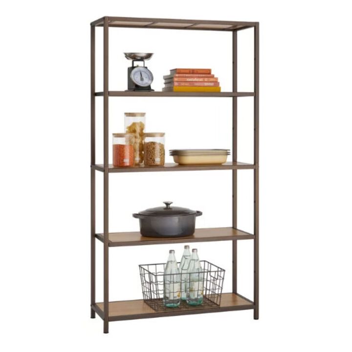 QuikFurn Heavy Duty 5-Shelf Steel Frame Shelving Unit with Bamboo Shelves
