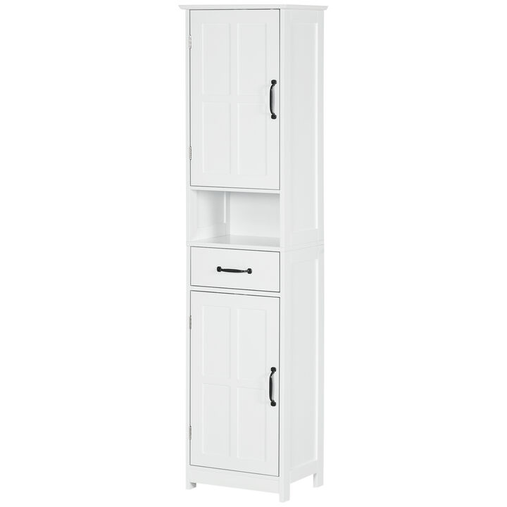 kleankin Bathroom Storage Cabinet Linen Tower with Open Shelf Drawer White