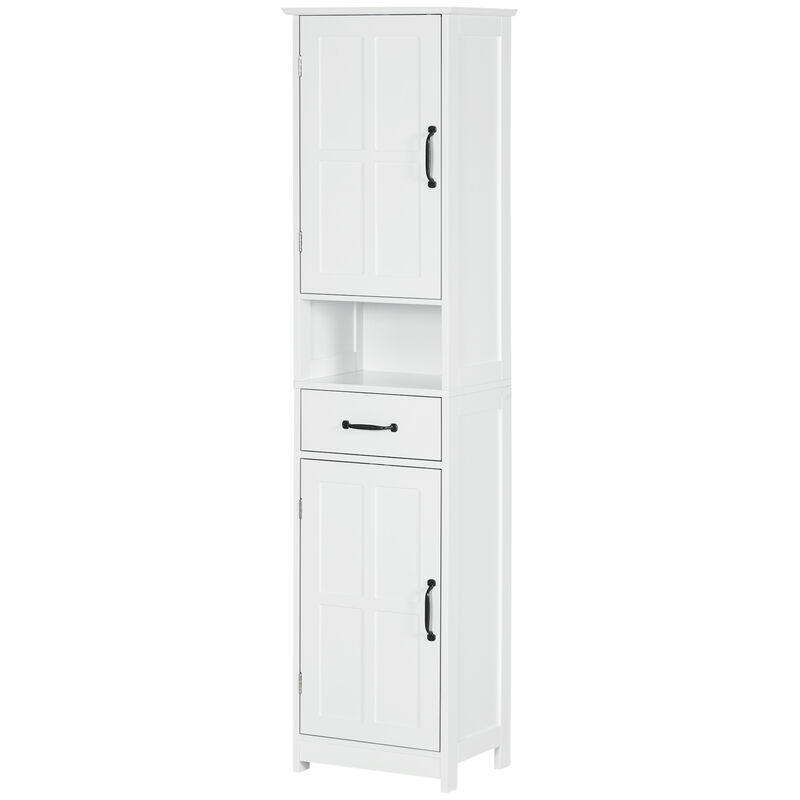 kleankin Bathroom Storage Cabinet Linen Tower with Open Shelf Drawer White