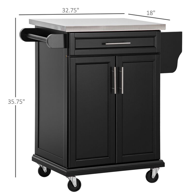 Black Rolling Chef's Helper: Kitchen Cart with Steel Top & Spice Storage