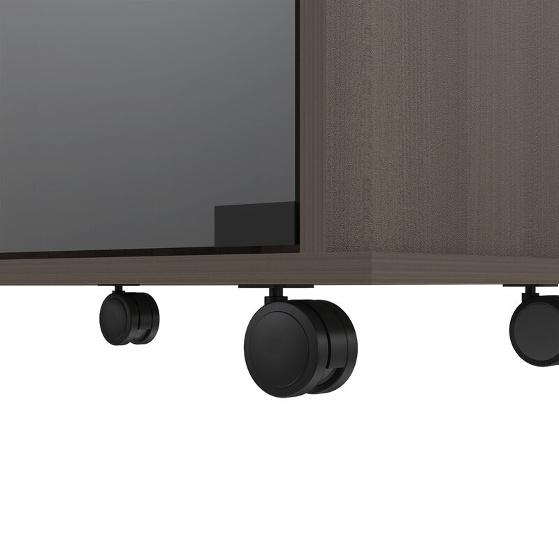 DEPOT E-SHOP Huali Bar Cart, Six Built-in Wine Rack, Glass Door, Four Casters, Two Shelves, Smokey Oak