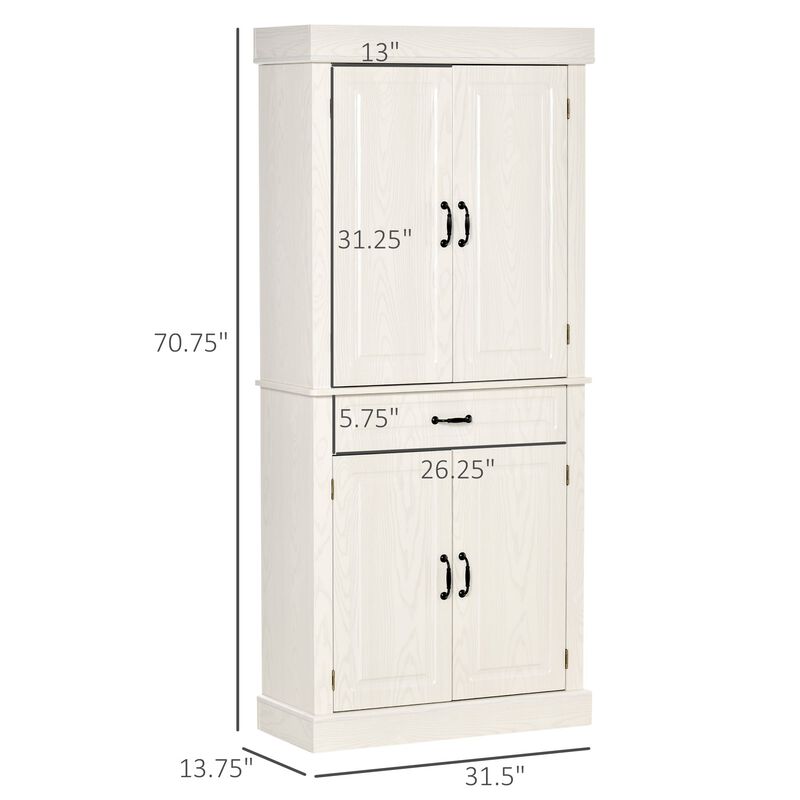 White Kitchen Pantry: 71" Tall Cabinet with 4 Doors and Drawer