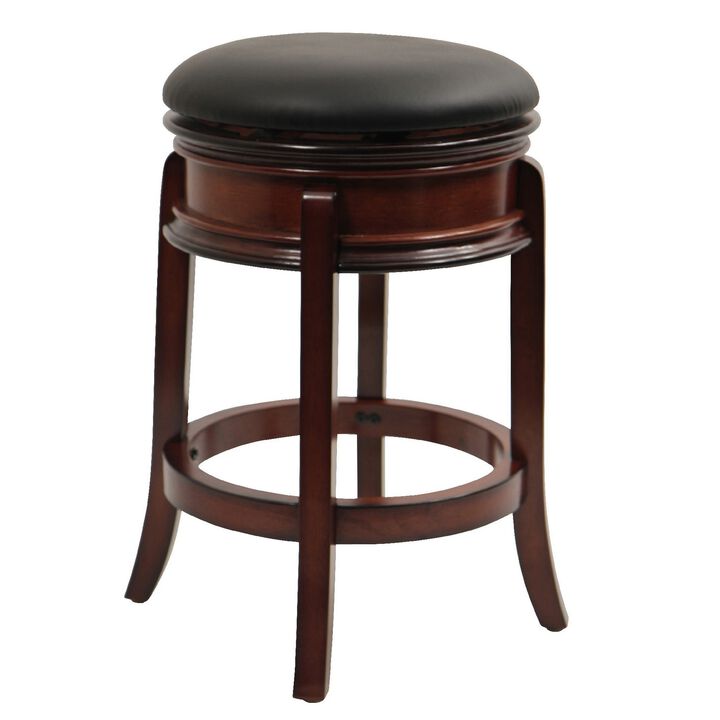 Sabi 24 inch Swivel Counter Stool, Solid Wood, Faux Leather, Brown, Black-Benzara