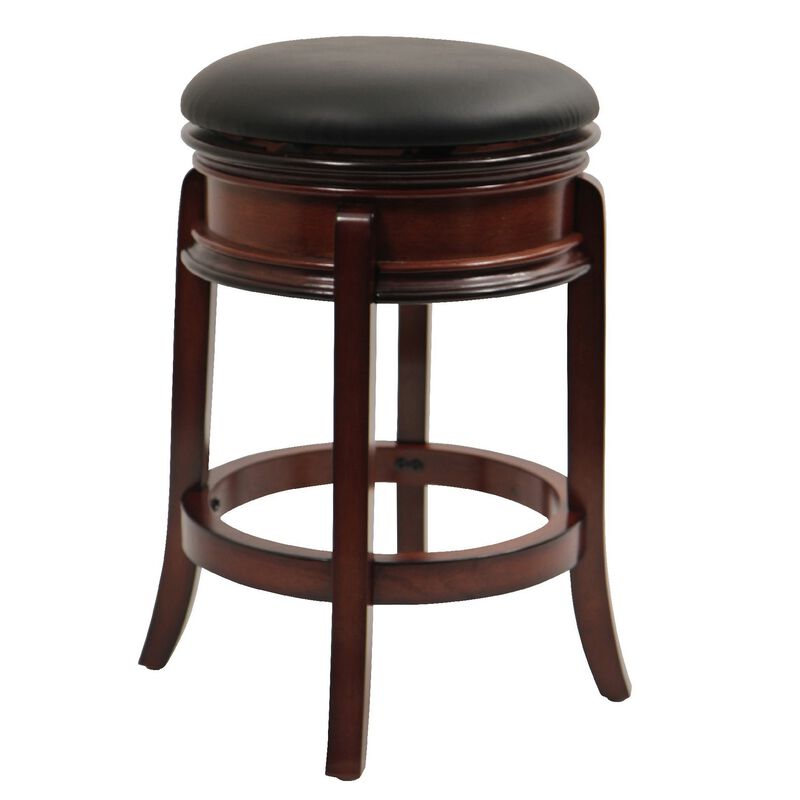 Sabi 24 inch Swivel Counter Stool, Solid Wood, Faux Leather, Brown, Black-Benzara
