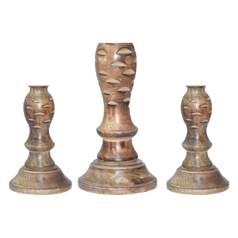 Traditional Medium Burnt Eco-friendly Handmade Mango Wood Set Of Three 9",12" & 9" Pillar Candle Holder