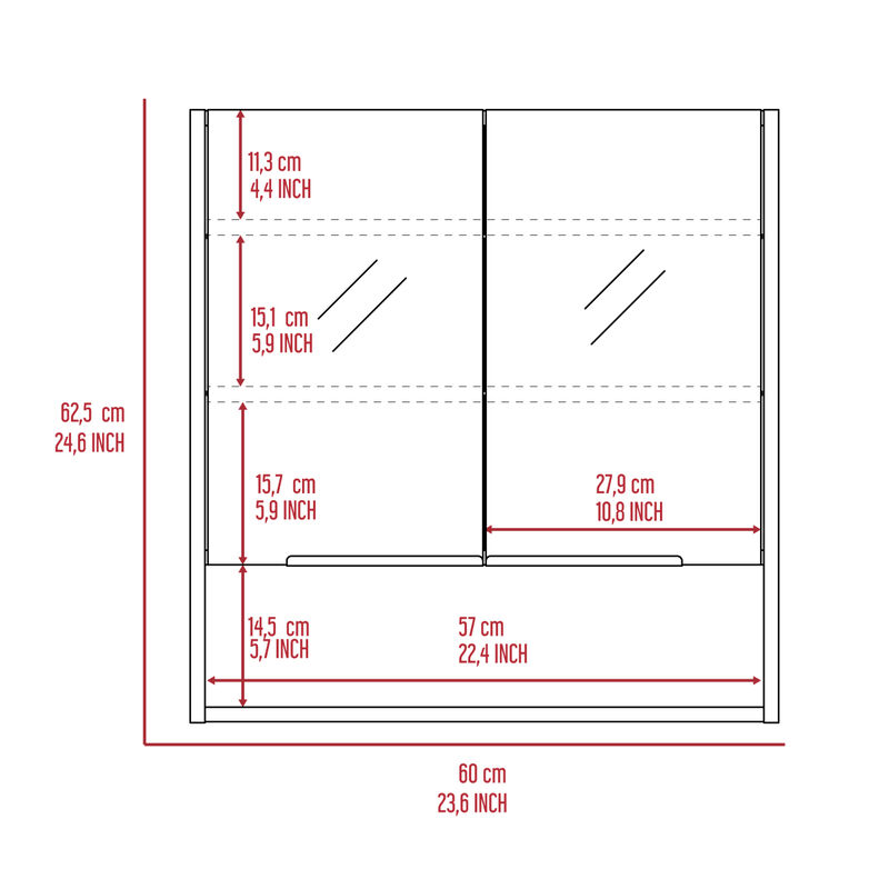 Jaspe Mirror Cabinet, Three Internal Shelves, One Open Shelf, Double Door Cabinet