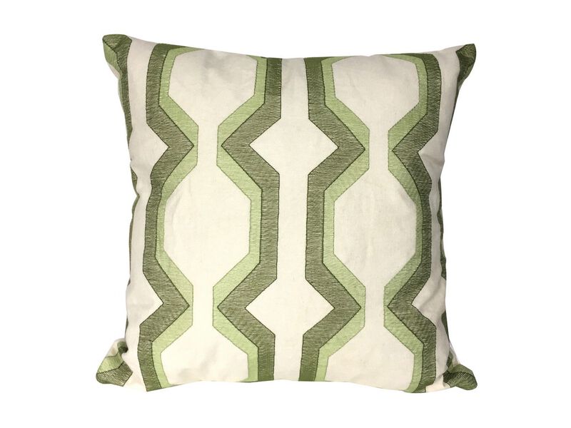 Contemporary Cotton Pillow with Geometric Embroidery, Green and White- Benzara