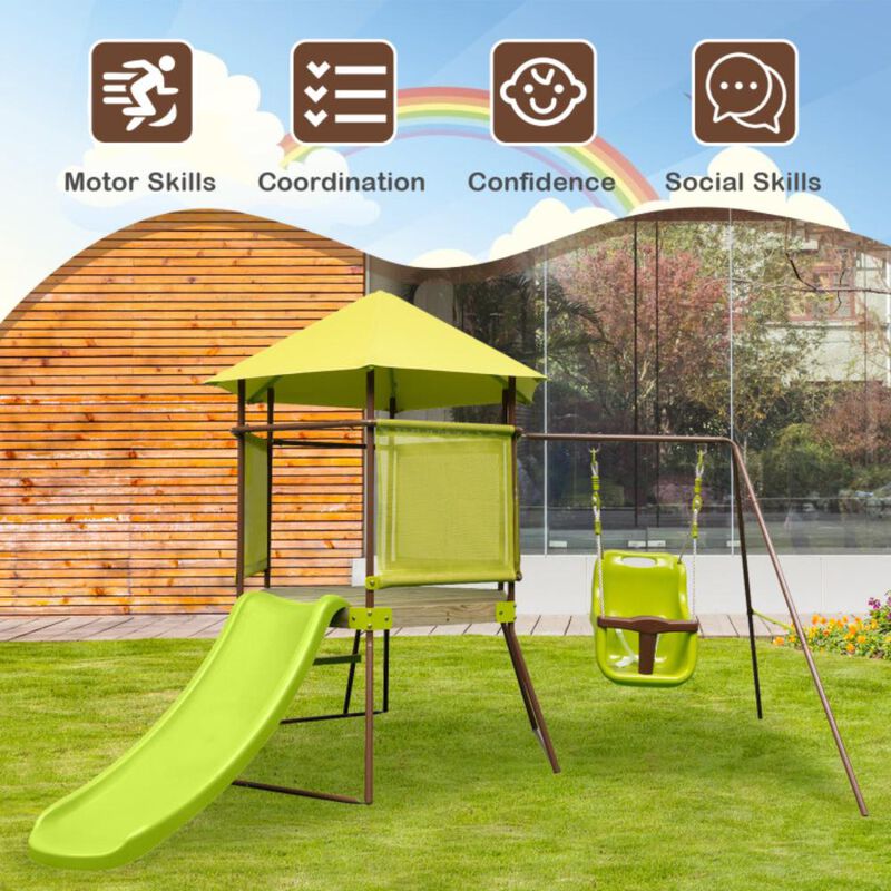 Hivvago 4-in-1 Swing Set with Covered Playhouse Fort and Height Adjustable Baby Seat