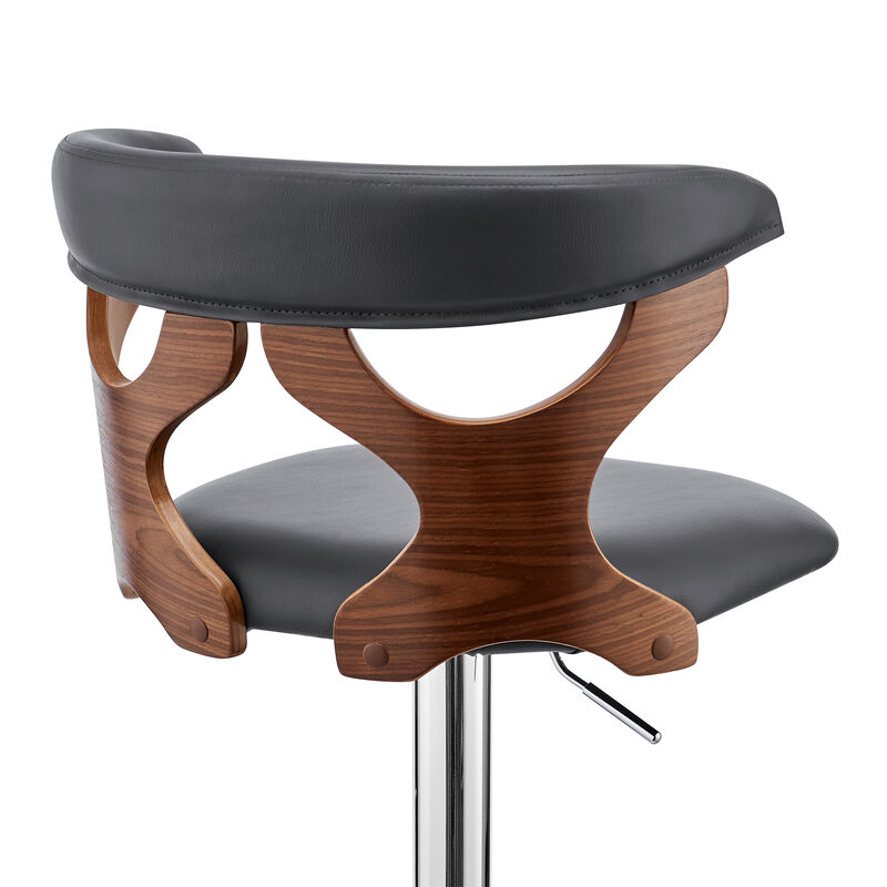 Ruth Adjustable Swivel Grey Faux Leather and Walnut Wood Stool with Chrome Base