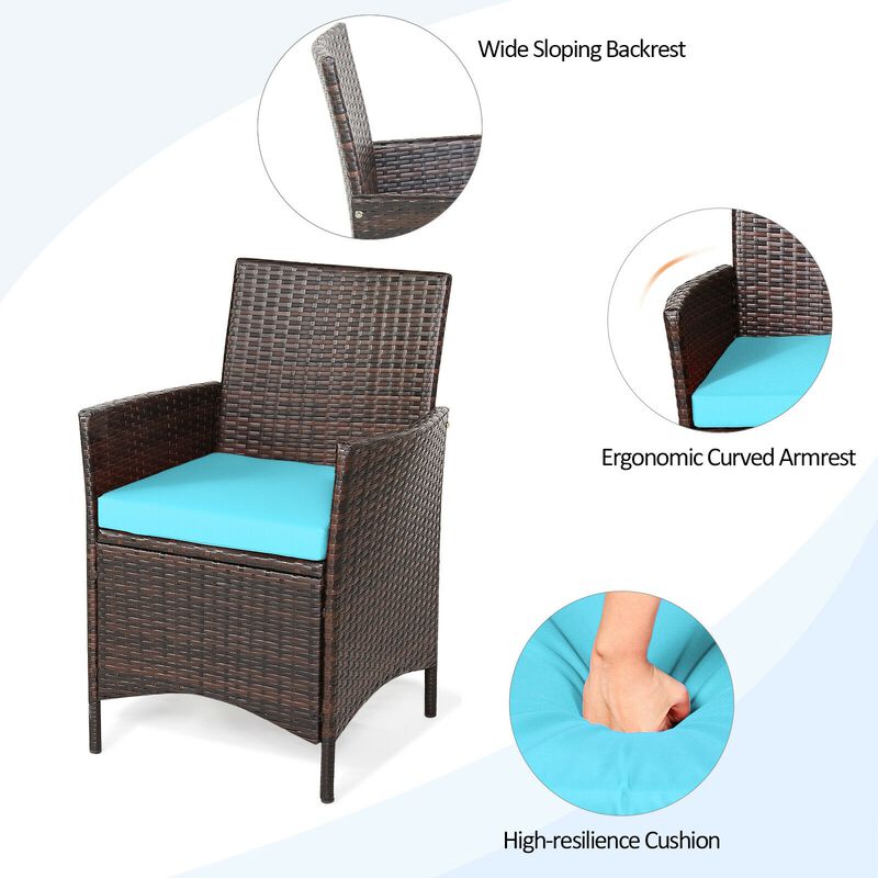 3 Pieces Patio Rattan Conversation Set with Glass Top Coffee Table and Cushions