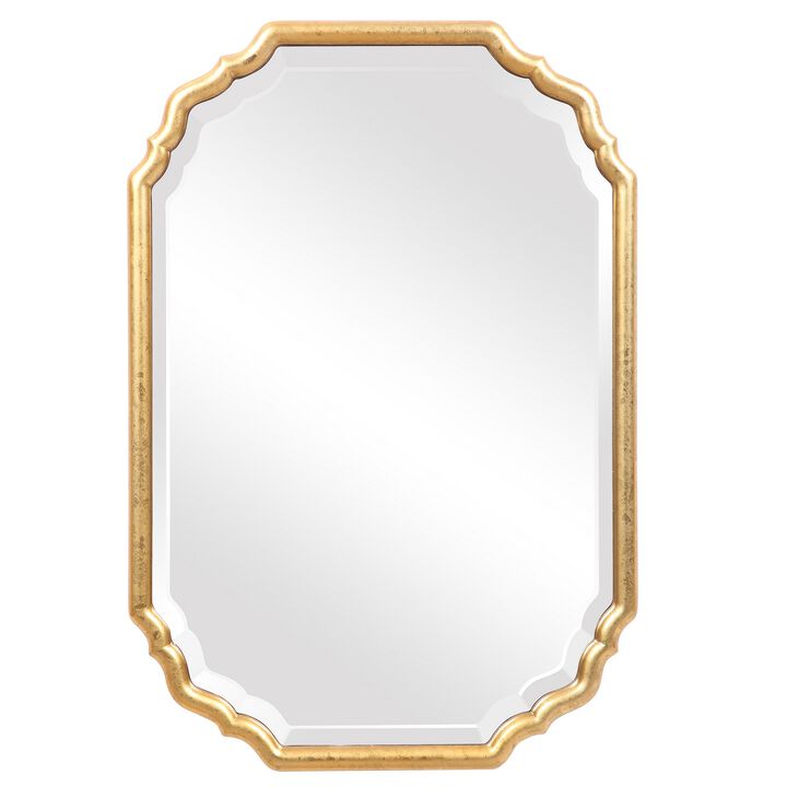 32 Inches Curved Design Wooden Vanity Mirror, Gold - Benzara