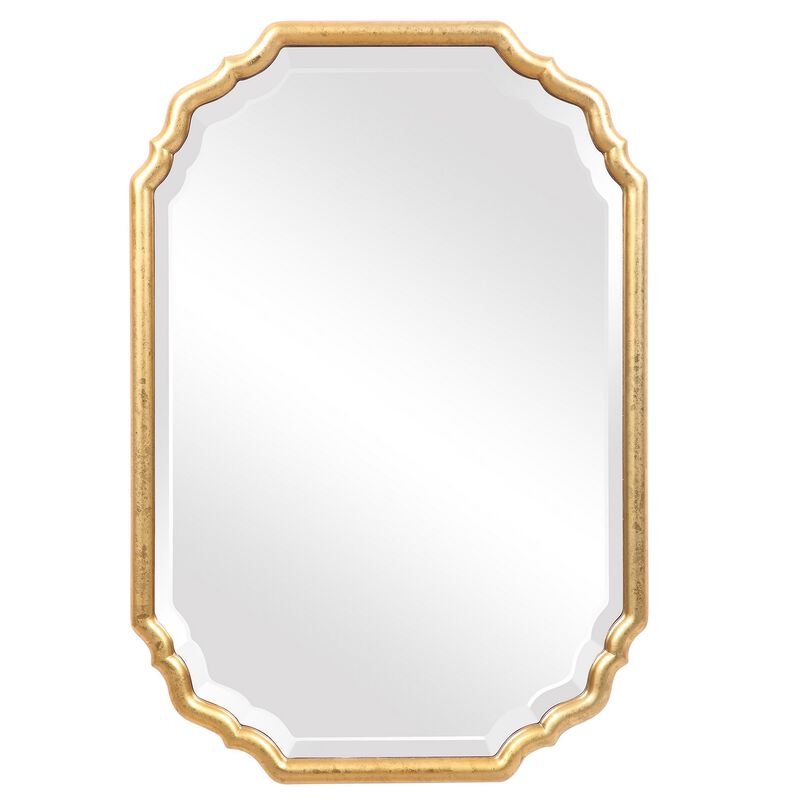 32 Inches Curved Design Wooden Vanity Mirror, Gold - Benzara