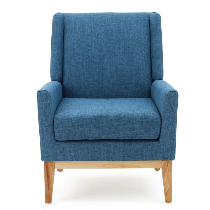 Accent Club Chair, Smooth Textured Design Blue Microfiber, Brown Wood - Benzara