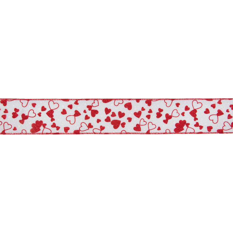 White and Red Glittered Hearts Valentine's Day Wired Craft Ribbon 2.5" x 10 Yards